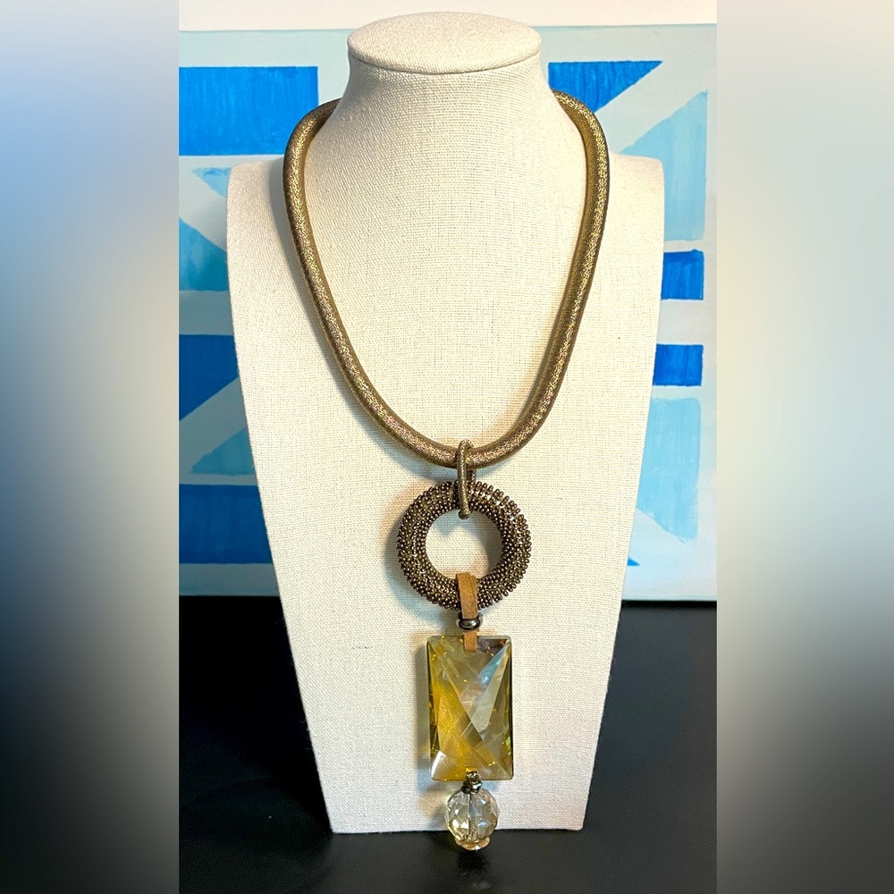 Statement Bronze Tone Choker Necklace with Light Topaz Drop Pendant